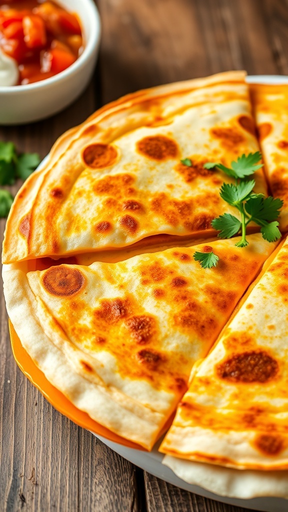 Cheesy quesadilla with refried beans, garnished with cilantro, served with sour cream and salsa.